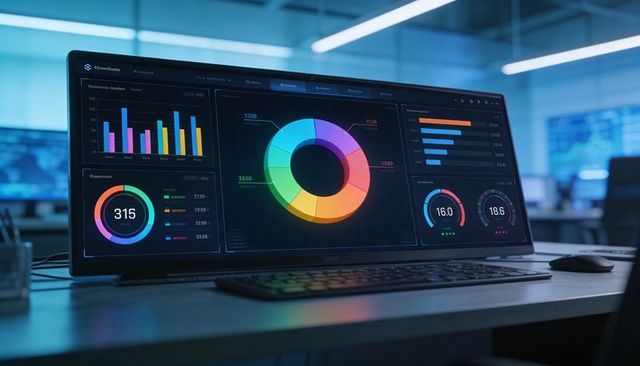 Ultrawide monitor displaying dark analytics dashboard with colorful donut chart and gauges