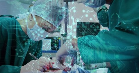 Surgical team performing operation with digital circuit overlay in modern operating room