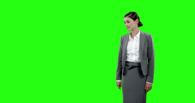 Businesswoman standing and looking away against a green screen background, wearing a grey suit and white shirt. Ideal for use in presentations, adverts, or corporate training materials requiring a mix of office professionalism and flexibility to change the background to suit various themes.