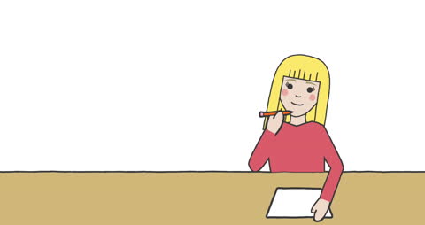 Animated Girl Writing at Desk with Pencil and Paper