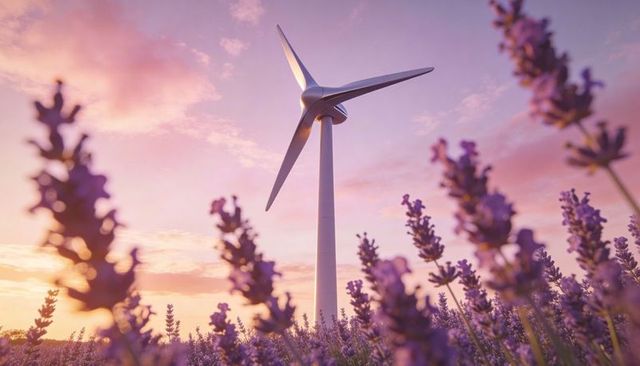 Wind turbine rotating above blooming lavender field at sunset, pastel sky and renewable energy