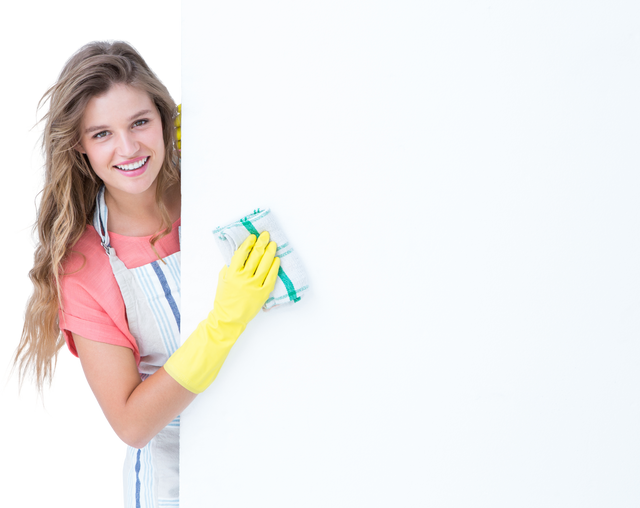 Smiling Woman in Apron and Yellow Gloves Cleaning Transparent Background - Download Free Stock Videos Pikwizard.com