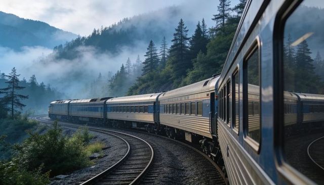 Vintage passenger train curving through misty conifer valley with reflective windows