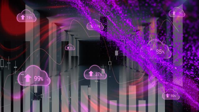 This visually striking compilation shows an abstraction of digital clouds with percentages fluctuating dynamically along with graphical data and purple connections. Ideal for use in presentations or marketing materials related to technology, cloud computing innovations, data analysis, and digital transformation marketing campaigns, this image conveys the complexities and interconnected network of modern data processing systems.