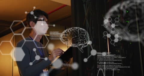 Engineer in Server Room Analyzing Medical Data with Futuristic Interface