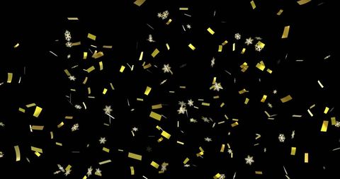 Gold Confetti and Snowflakes Falling on Black Background