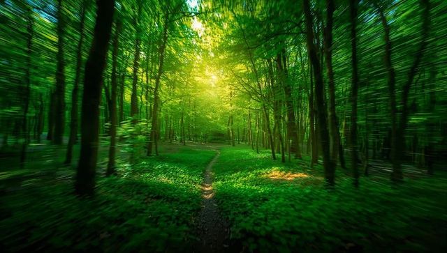 Sunlit forest path leading to lush green glade with radiant canopy sunbeams serene dawn