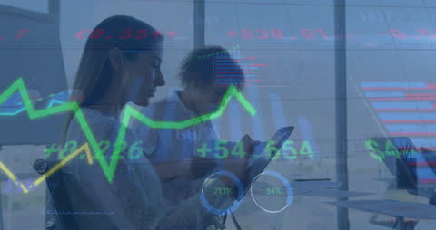 Dynamic collage depicting two diverse professionals actively strategizing with a digital tablet as a vibrant graphic user interface highlights financial data across the video. Perfect for business articles, financial consulting services, and promotional materials focused on tech-driven workplace solutions. Great for illustrating the intersection of teamwork, data analysis, and future-oriented business practices.