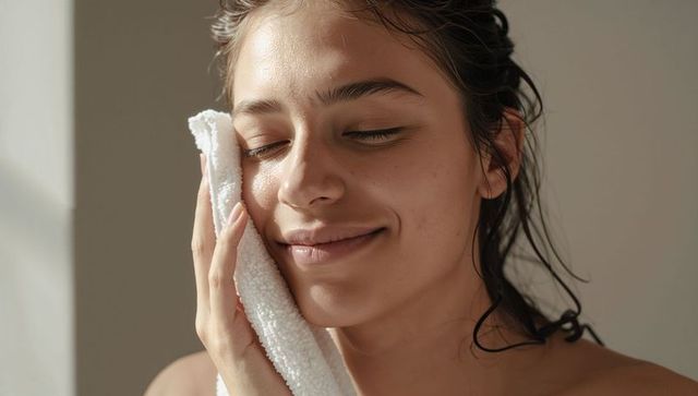 Sunlit woman pressing towel to cheek, serene skincare ritual with wet hair and bare shoulders