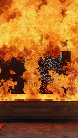 Vertical video of towering flames climbing living room digital display and wireframe art