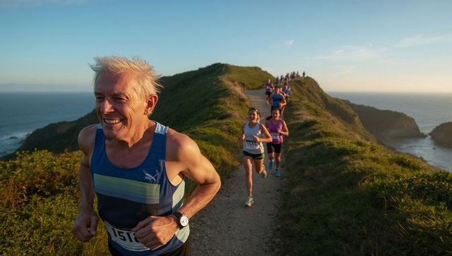 Senior male leading coastal trail run with group at sunset