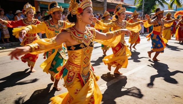 Golden festival dancers performing traditional street parade choreography in vibrant costumes