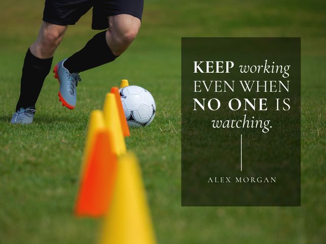 This is useful for posters, social media, motivational presentations, coaching materials, and sports advertisements looking to inspire and uplift soccer players and athletes to keep working diligently even when no one is watching.
