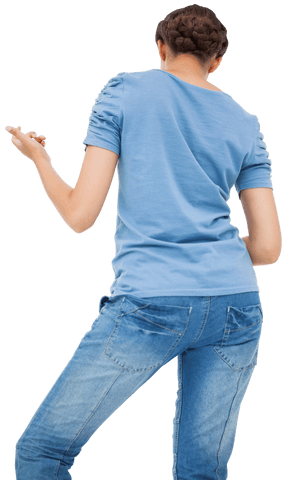Transparent Brunette in Blue Shirt Pretending to Play Air Guitar
