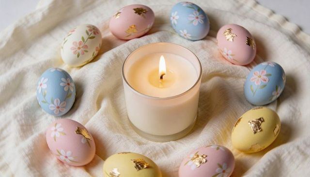 Glowing candle resting on cream cloth ringed by pastel hand-painted easter eggs