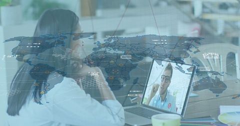 Woman Engaged in Video Call with Global Data Overlay