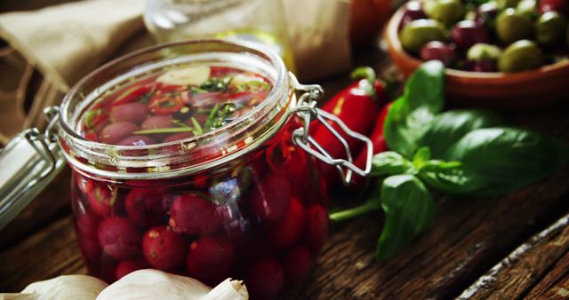 Glass Jar of Pickled Olives on Rustic Wooden Table - Download Free Stock Images Pikwizard.com