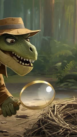 Trenchcoat T-Rex Investigating Twig Nest with Magnifying Glass in Forest Vertical Video