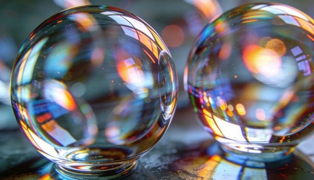 Iridescent glass spheres refracting colorful bokeh lights on reflective surface macro