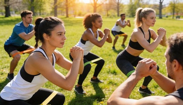 Group resistance-band squats on sunlit park lawn, outdoor fitness training session