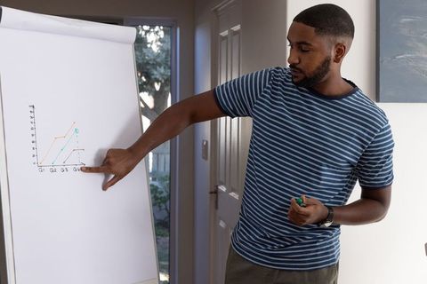 Focused professional analyzing graph data on flip chart