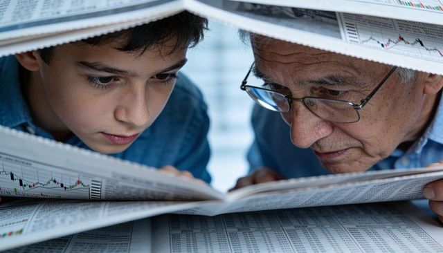 Senior man mentoring teenage boy while studying stock market pages, intergenerational learning