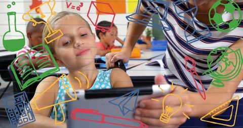 Diverse Classroom with Educational Doodles and Engaged Students