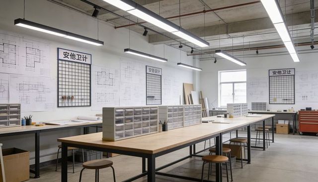 Design workbench showcasing modular organizers, blueprints, prototyping and drafting