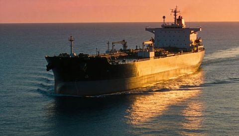Oil tanker sailing into sunset with golden reflections on hull and calm sea horizon at dusk