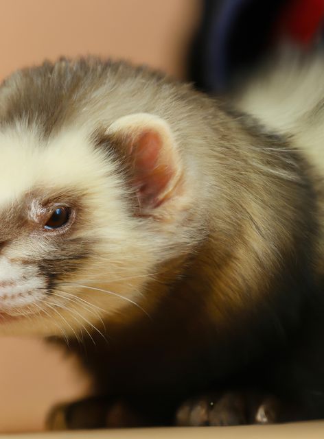Close-up view of a curious ferret with brown and white fur. Pet ferrets are domesticated animals known for their playful nature and inquisitive behavior. Perfect for use in contexts related to pet care, animal behavior, or ferret enthusiasts. Can also be used in content about domesticated animals, wildlife care, and nature.