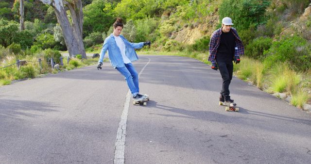 Teenagers Longboarding Down Road in Recreational Activity - Download Free Stock Images Pikwizard.com