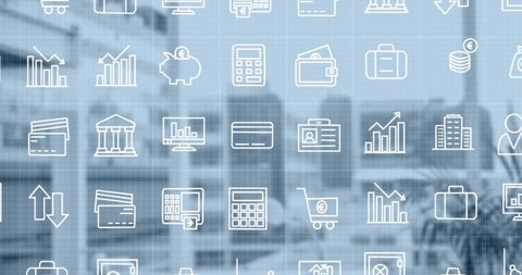 Digital Network and Data Icons Over Abstract Cityscape