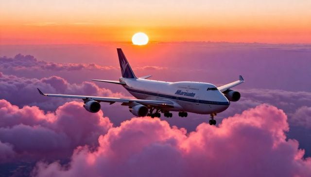 Four-engine jumbo jet descending through pink sunset clouds with landing gear down