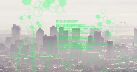 Futuristic dystopian downtown skyline with neon green code overlays and harbor cranes