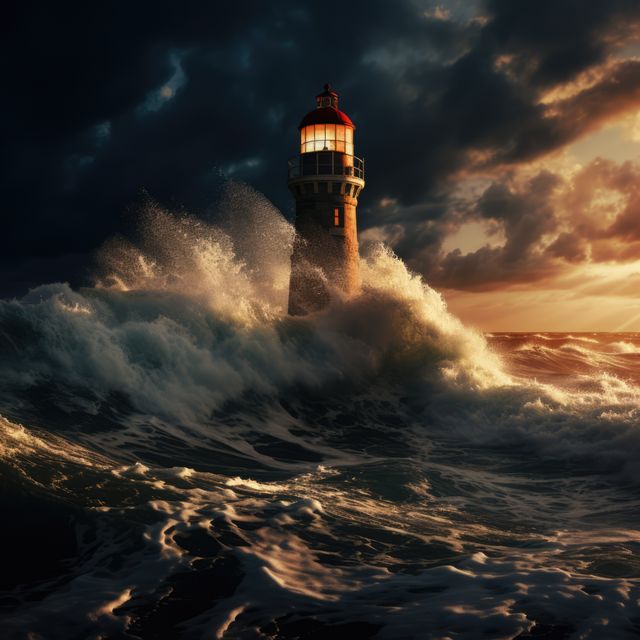Lighthouse standing strong amid crashing waves during a dramatic sunset. Ideal for nautical themes, representations of resilience, strength, and navigation. Perfect for use in maritime brochures, coastal travel articles, inspiration posters, and dramatic landscape collections.