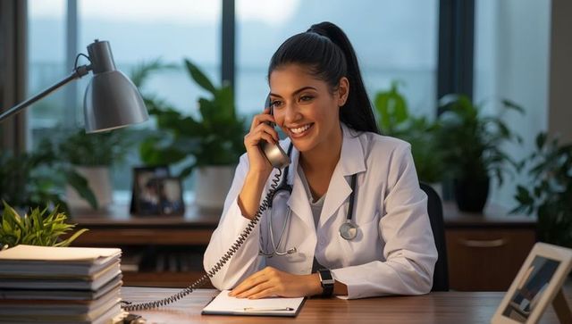 Smiling female doctor consulting on phone in modern office