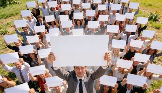 Business leader holding blank sign leading diverse team holding placards with message