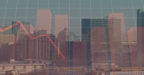 City skyline merging with downward financial chart and data grid visualization