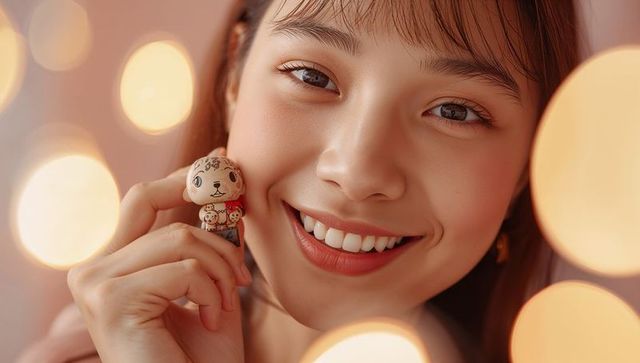 Smiling woman holding painted figurine near cheek with warm bokeh lights and soft glow