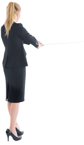 Blonde businesswoman in suit pulling transparent rope expression