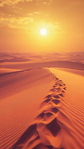 Vertical video panning dune ridge at sunrise showing footprints across vast sunlit desert