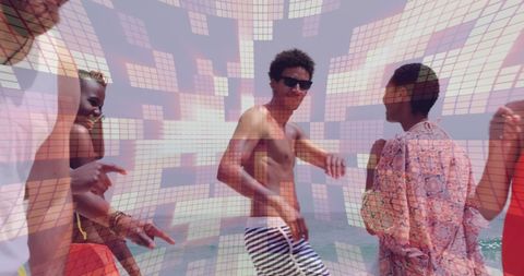 Friends Dancing with High-Energy Digital Overlay