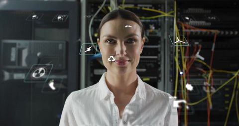 Businesswoman in Data Center with Eco Icons and Technology Concepts - Download Free Stock Images Pikwizard.com