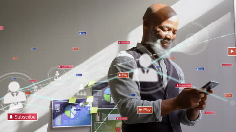 Businessman in Tech Workspace Interacting with Digital Media Icons