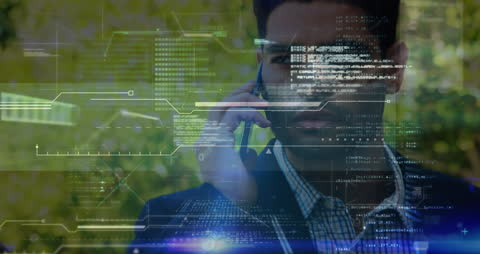 Man Discussing Technology Trends with Digital Interface Elements