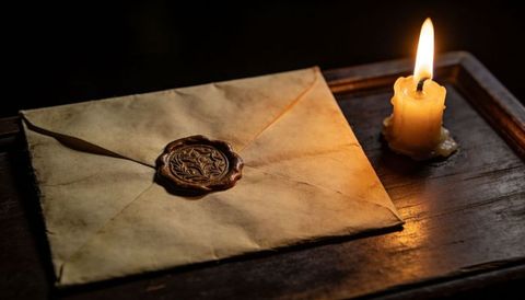 Sealed Aged Envelope with Ornate Wax Seal on Wooden Tray by Candlelight