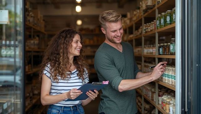 Couple labeling glass jars on wooden shelves in boutique grocery store inventory check