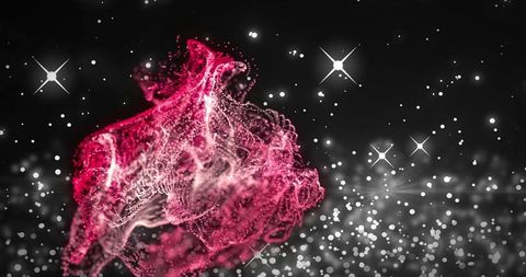 Magenta particle nebula with luminous filaments, star flares and soft bokeh