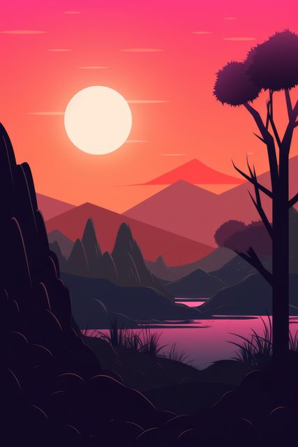This illustration depicts a serene mountain lake scene at sunset with a vibrant sky, silhouettes of mountains, and a tree. Ideal for use in nature-themed projects, travel brochures, and digital wallpapers.