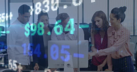 Diverse Team Discussing Stock Market Data Overlay